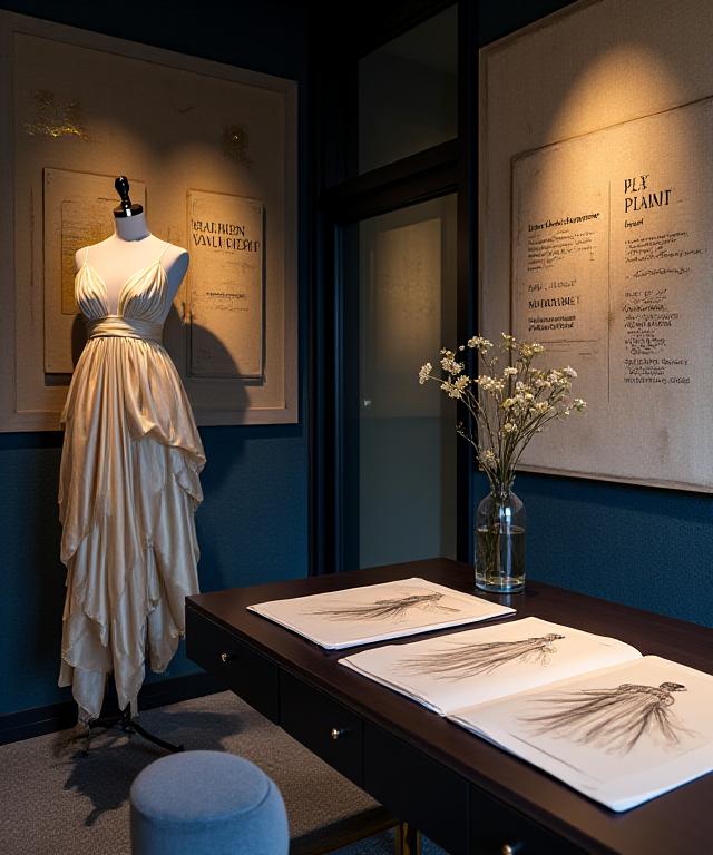 Inside the elegant Auror Couture atelier with sketches and fabrics