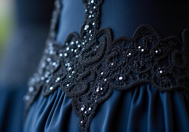 Midnight silk evening gown with intricate embroidery